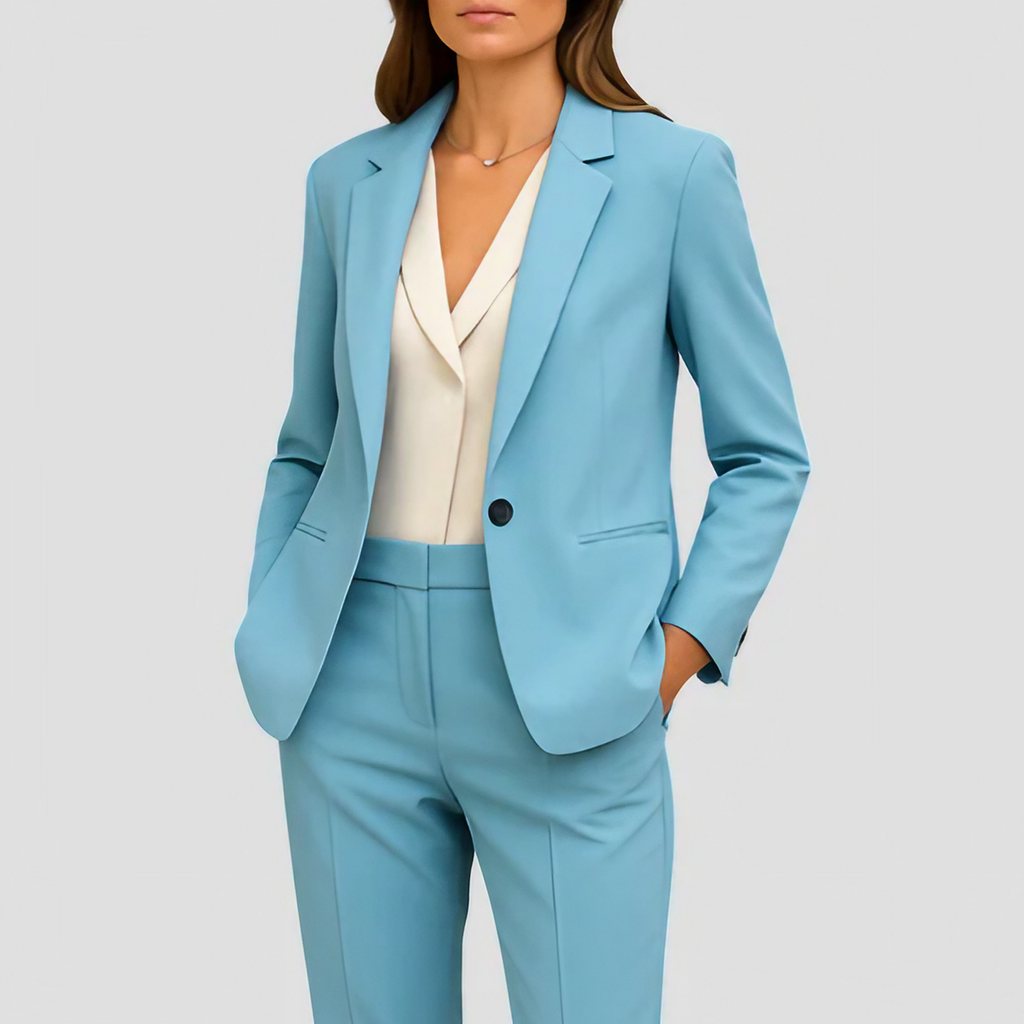 Ensemble tailleur pantalon femme, blazer à manches 3/4, bleu