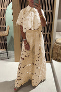 Ensemble en dentelle femme, haut boutonné et pantalon large, jaune