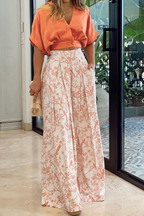 Ensemble satin femme, crop top manches longues et palazzo, mandarine