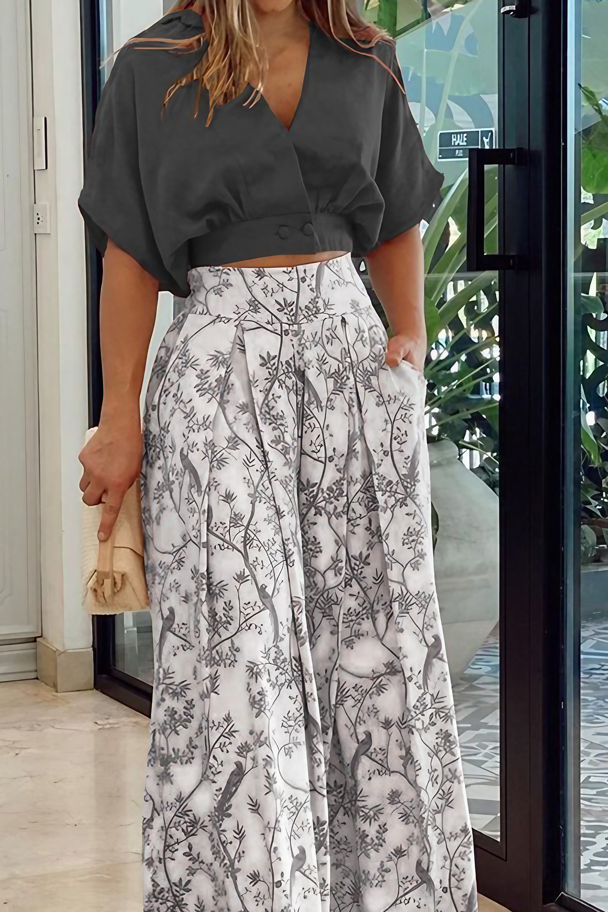 Ensemble satin femme, crop top manches longues et palazzo, noir