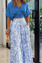 Ensemble satin femme, crop top manches longues et palazzo, bleu