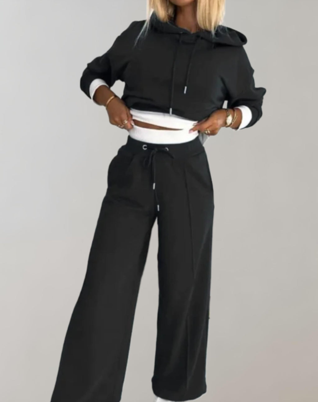Ensemble femme deux pièces, pull et pantalon large, six coloris, noir