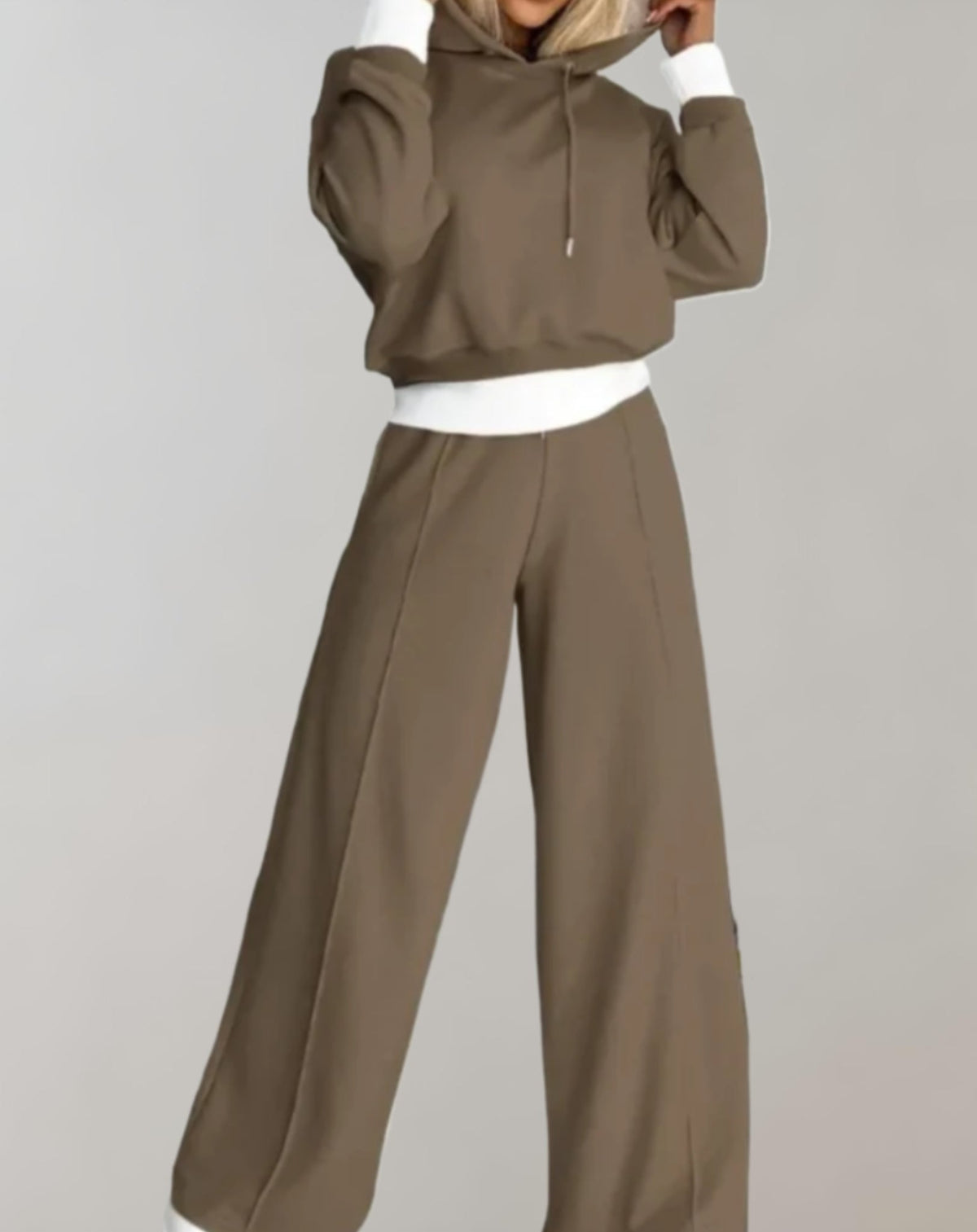 Ensemble femme deux pièces, pull et pantalon large, six coloris, marron