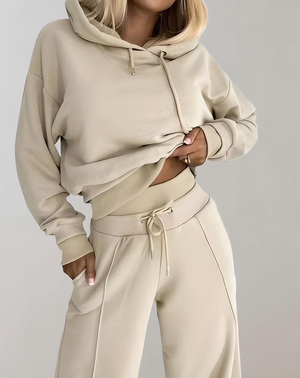 Ensemble femme deux pièces, pull et pantalon large, six coloris, beige