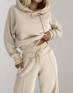 Ensemble femme deux pièces, pull et pantalon large, six coloris, beige