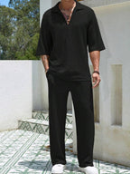 Ensemble deux pièces homme, haut et bas coordonnés, coupe ample, noir