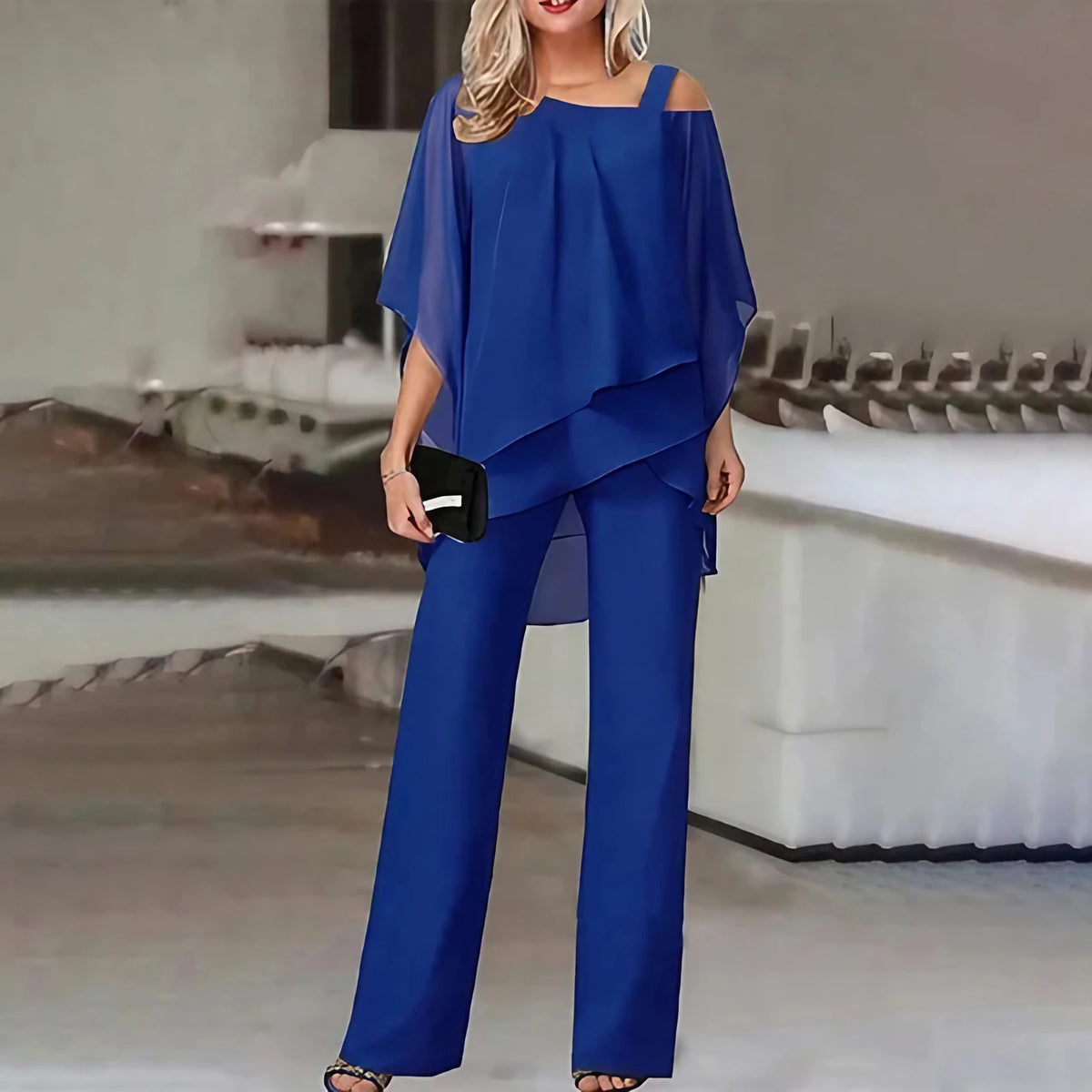 Ensemble femme à haut manches chauve-souris, cinq coloris, bleu