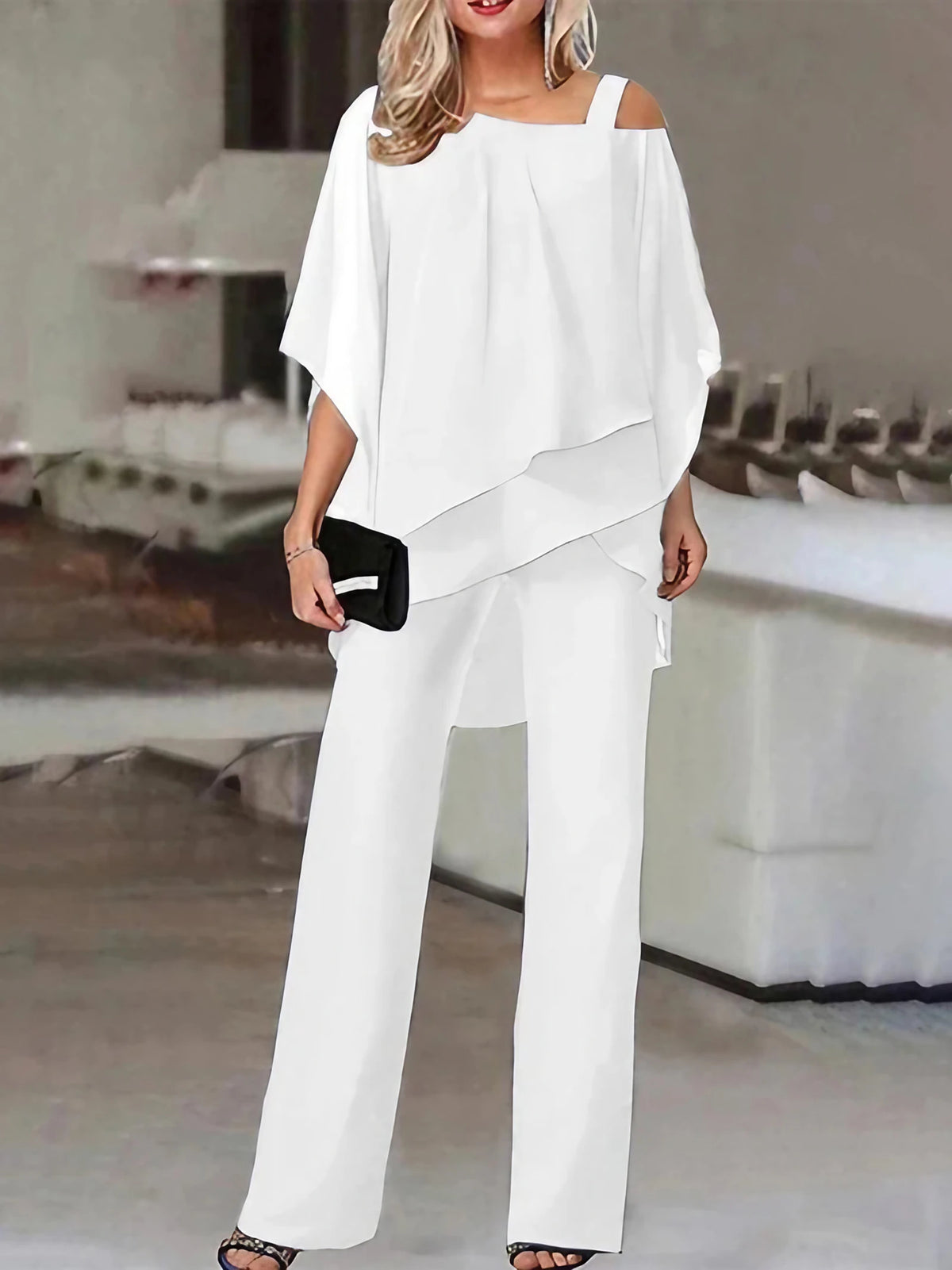 Ensemble femme à haut manches chauve-souris, cinq coloris, blanc