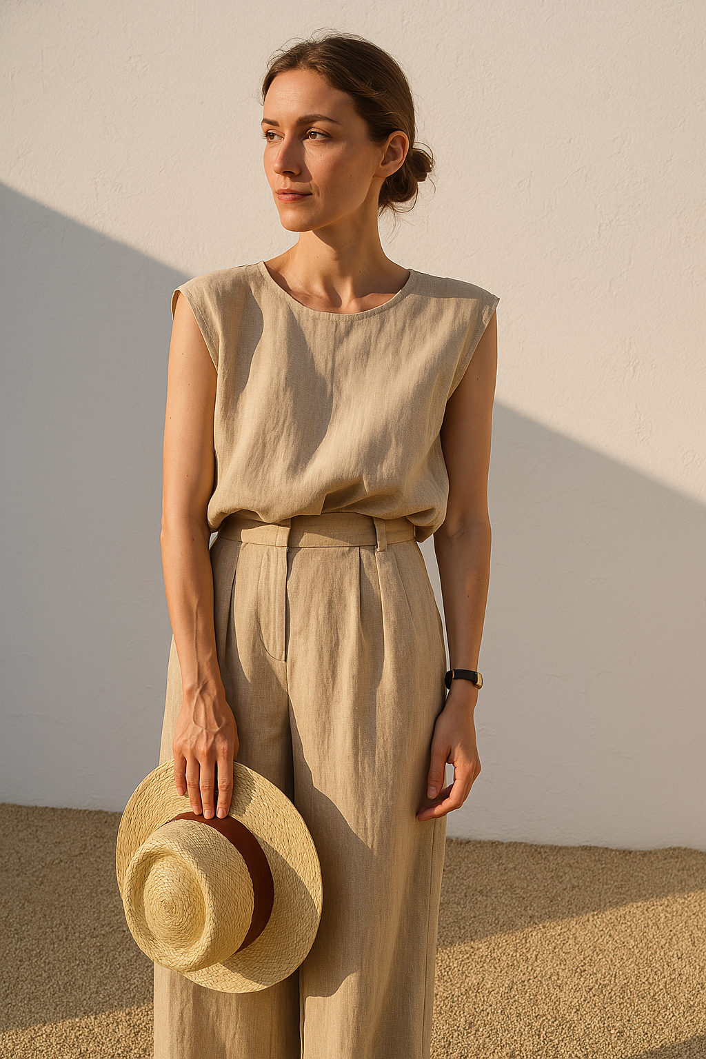 Ensemble d'été femme, blouse col V et pantalon droit taille haute