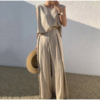 Ensemble d'été femme, blouse col V et pantalon droit taille haute