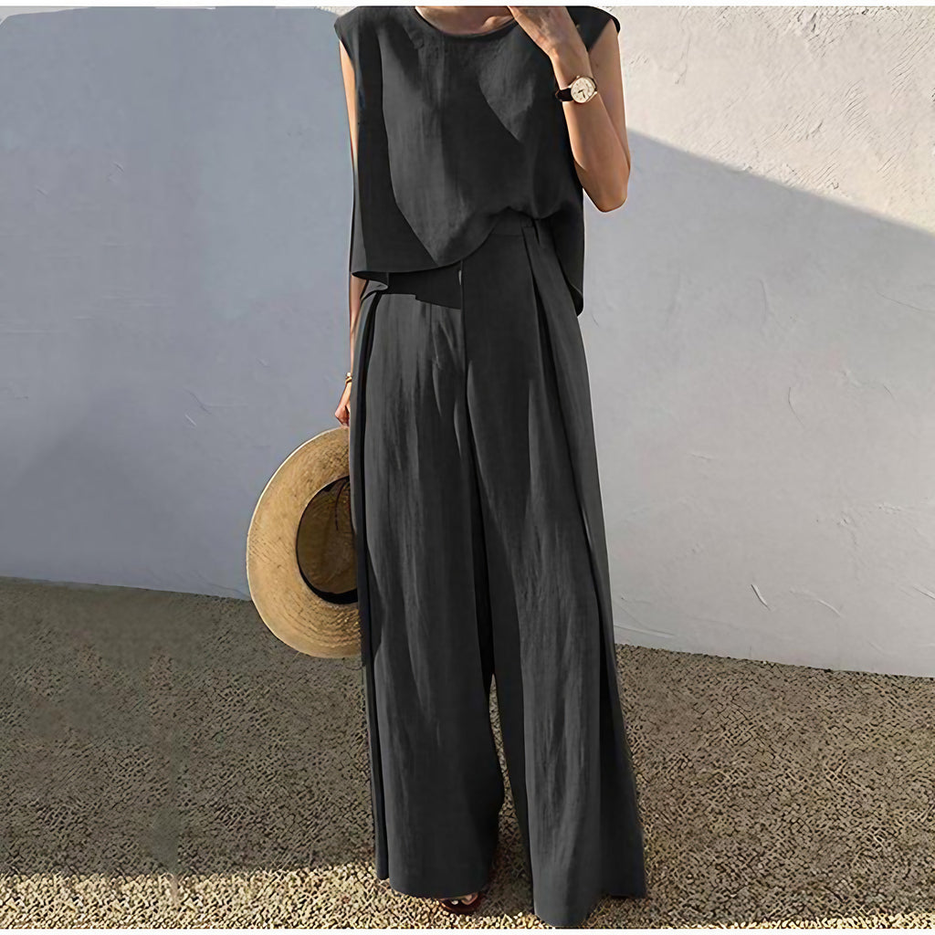 Ensemble d'été femme, blouse col V et pantalon droit taille haute, noir