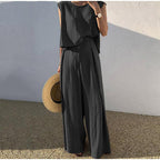 Ensemble d'été femme, blouse col V et pantalon droit taille haute, noir