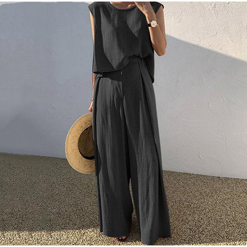 Ensemble d'été femme, blouse col V et pantalon droit taille haute, noir