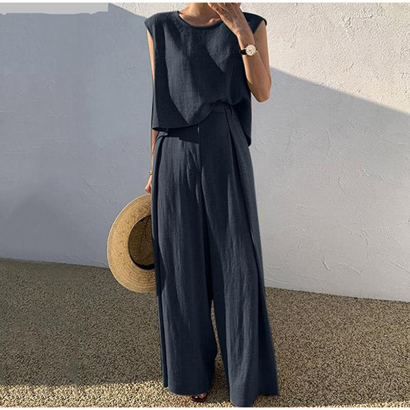 Ensemble d'été femme, blouse col V et pantalon droit taille haute, bleu foncé