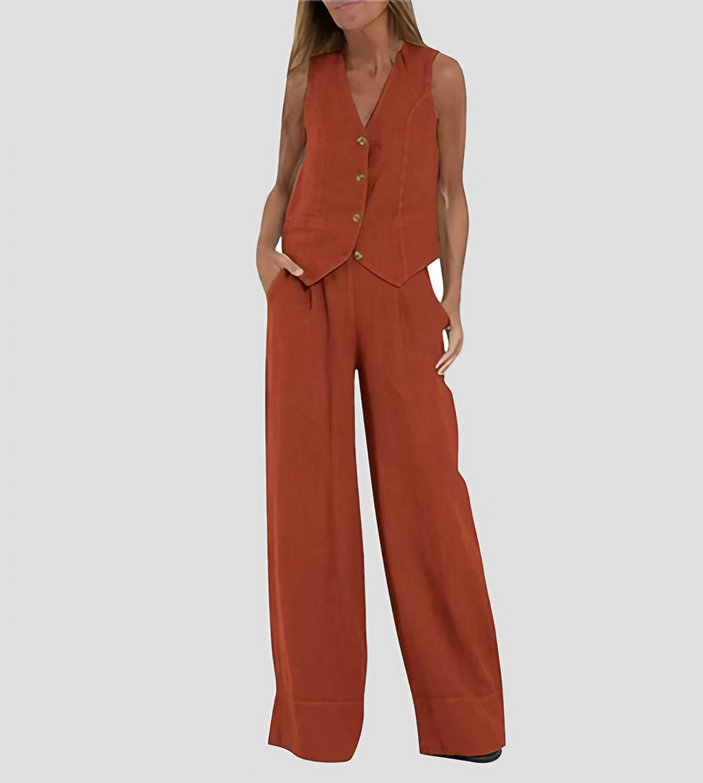 Ensemble femme gilet sans manches col V et pantalon ample, rouge