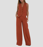 Ensemble femme gilet sans manches col V et pantalon ample, rouge