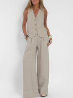 Ensemble femme gilet sans manches col V et pantalon ample, ivoire