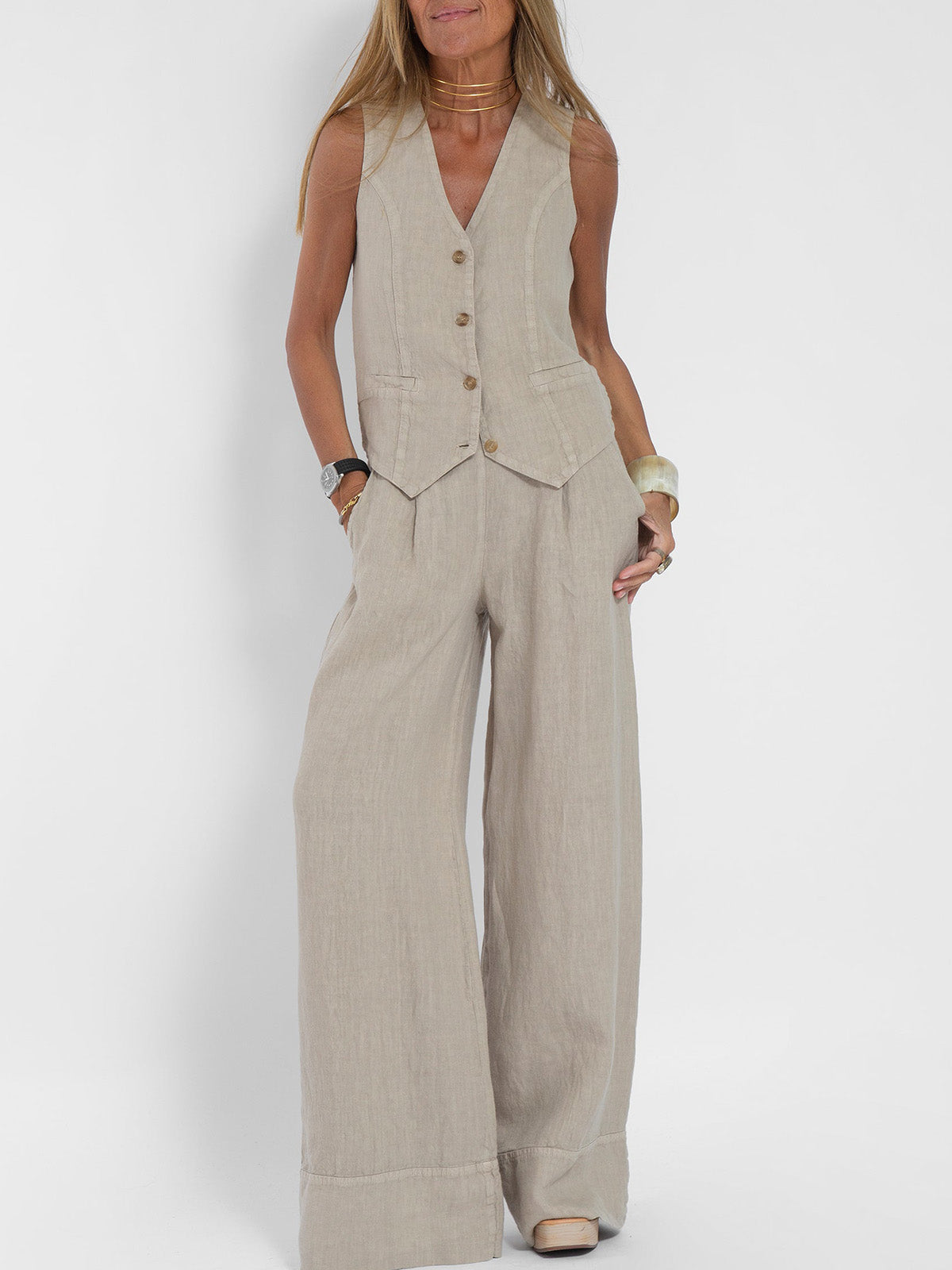 Ensemble femme gilet sans manches col V et pantalon ample, ivoire