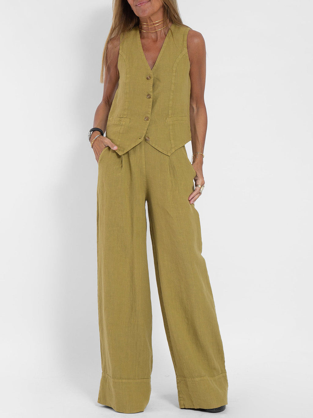 Ensemble femme gilet sans manches col V et pantalon ample, olive