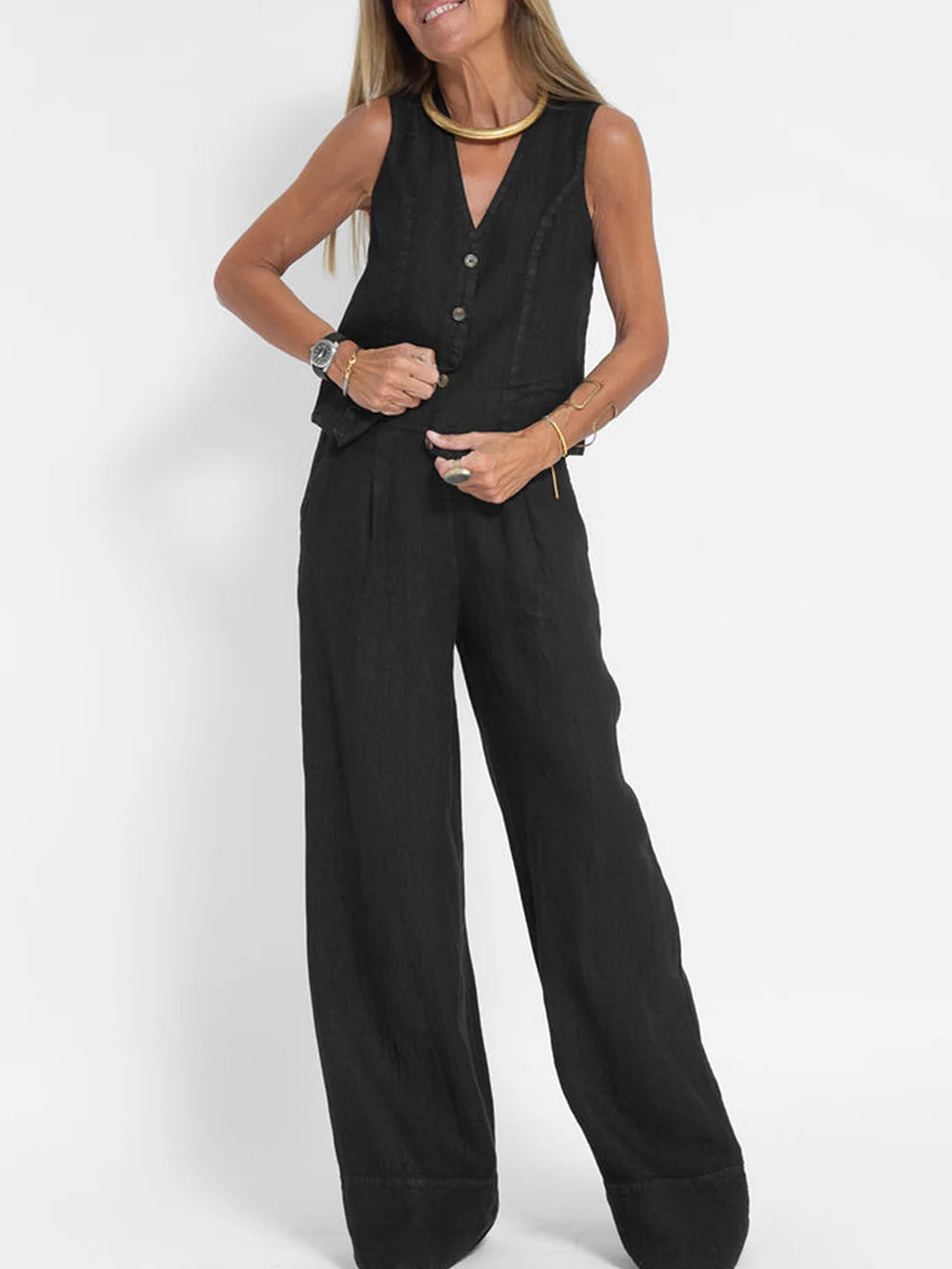 Ensemble femme gilet sans manches col V et pantalon ample, noir