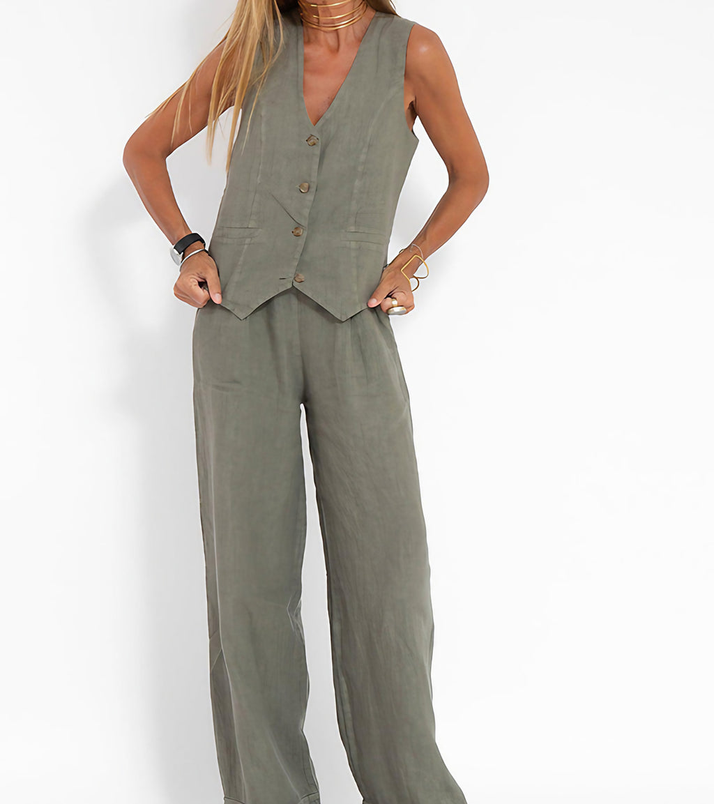 Ensemble femme gilet sans manches col V et pantalon ample, gris