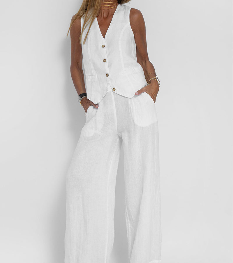 Ensemble femme gilet sans manches col V et pantalon ample, blanc