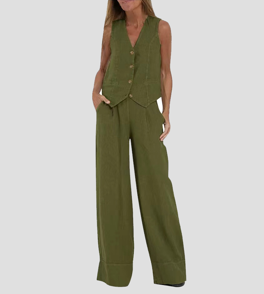 Ensemble femme gilet sans manches col V et pantalon ample, vert