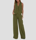 Ensemble femme gilet sans manches col V et pantalon ample, vert
