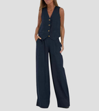 Ensemble femme gilet sans manches col V et pantalon ample, bleu marine
