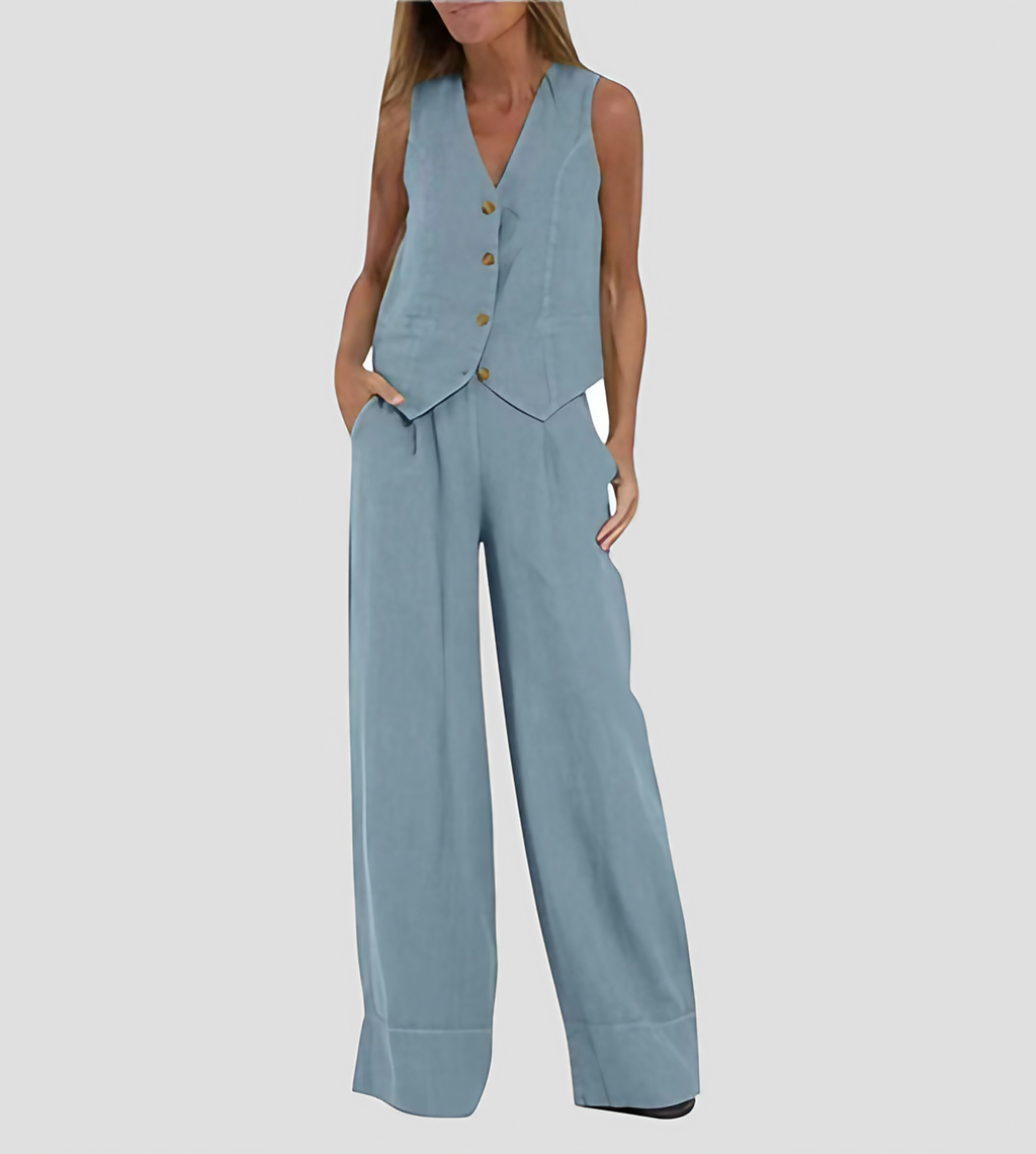 Ensemble femme gilet sans manches col V et pantalon ample, bleu