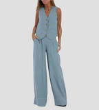 Ensemble femme gilet sans manches col V et pantalon ample, bleu