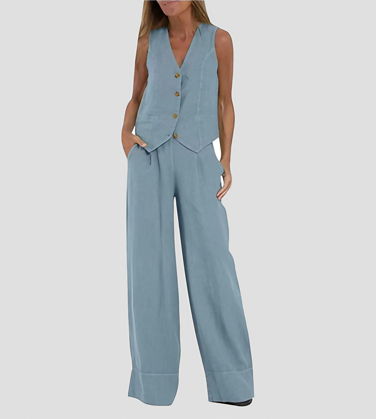 Ensemble femme gilet sans manches col V et pantalon ample, bleu