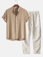 Ensemble d'été homme effet lin, chemise manches courtes et pantalon, beige