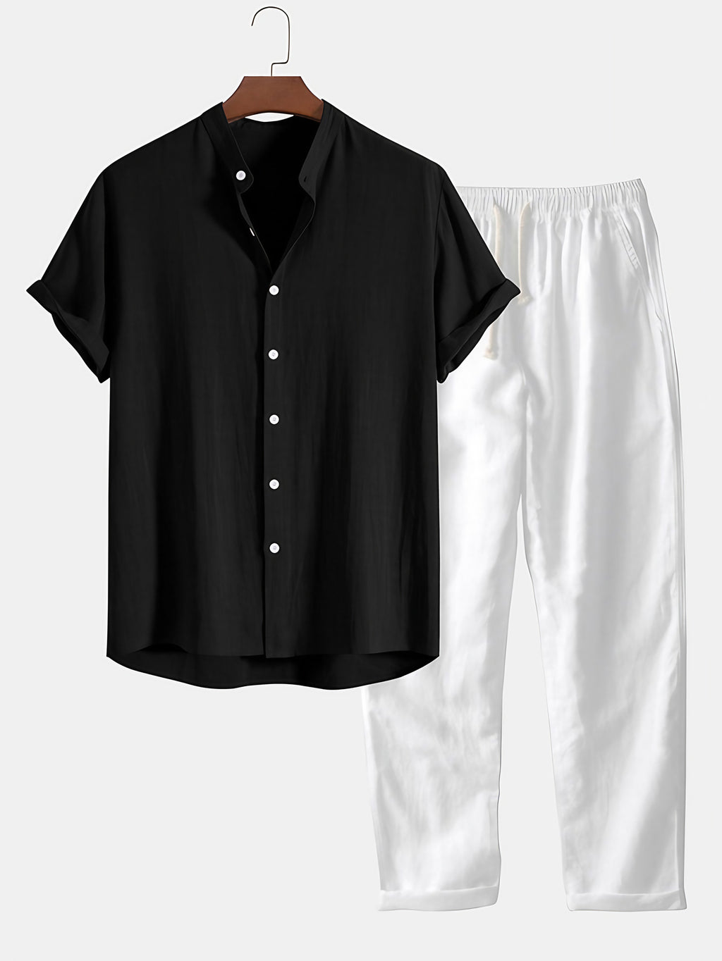 Ensemble d'été homme effet lin, chemise manches courtes et pantalon, noir