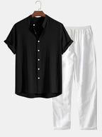 Ensemble d'été homme effet lin, chemise manches courtes et pantalon, noir