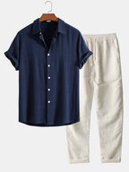 Ensemble d'été homme effet lin, chemise manches courtes et pantalon, bleu marine