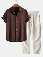 Ensemble d'été homme effet lin, chemise manches courtes et pantalon, marron