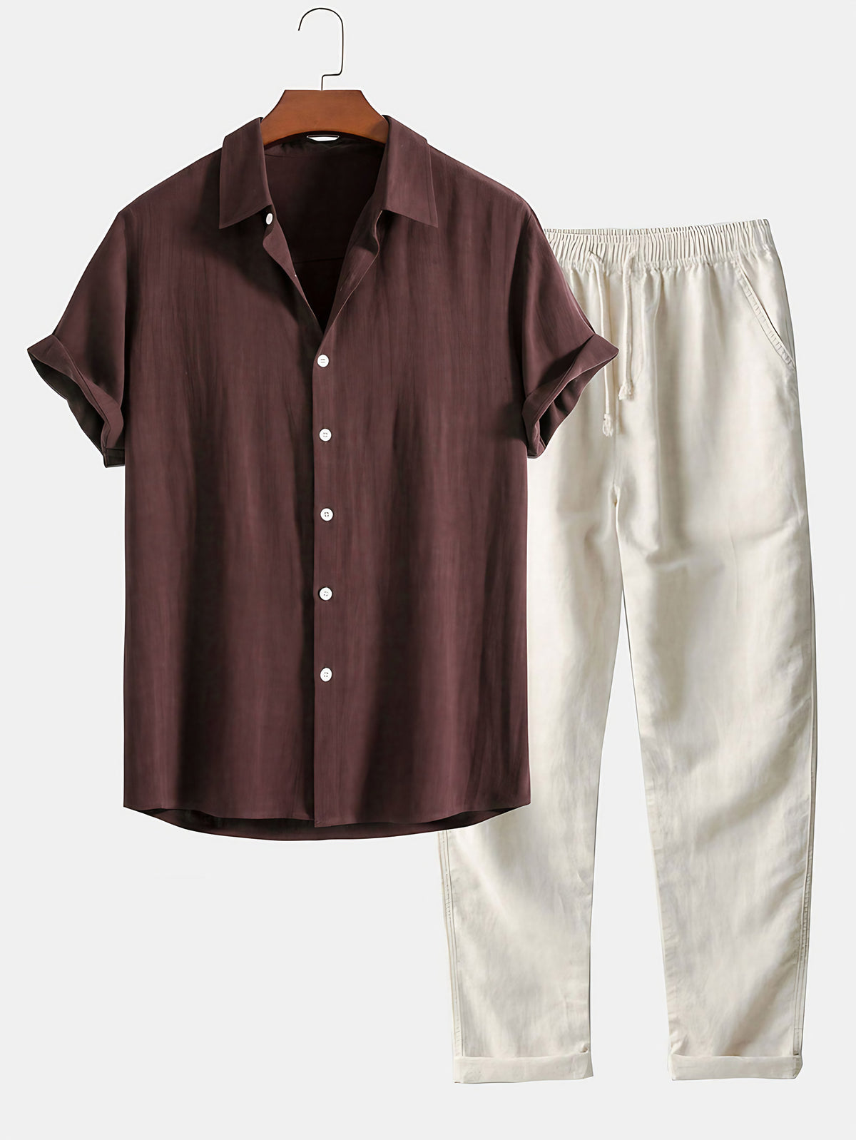 Ensemble d'été homme effet lin, chemise manches courtes et pantalon, marron