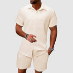 Ensemble d'été homme haut et short, tissu texturé, beige