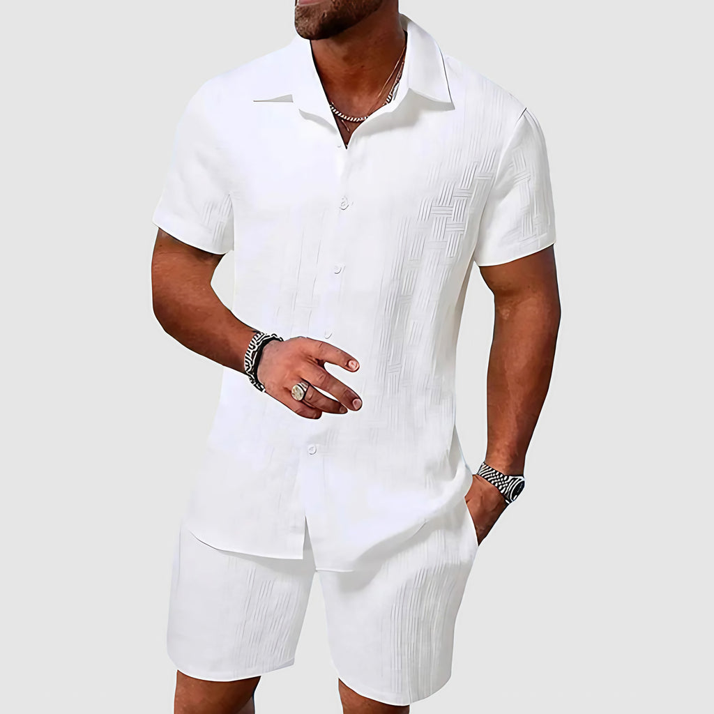 Ensemble d'été homme haut et short, tissu texturé, blanc