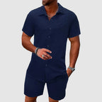 Ensemble d'été homme haut et short, tissu texturé, bleu