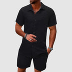 Ensemble d'été homme haut et short, tissu texturé, noir