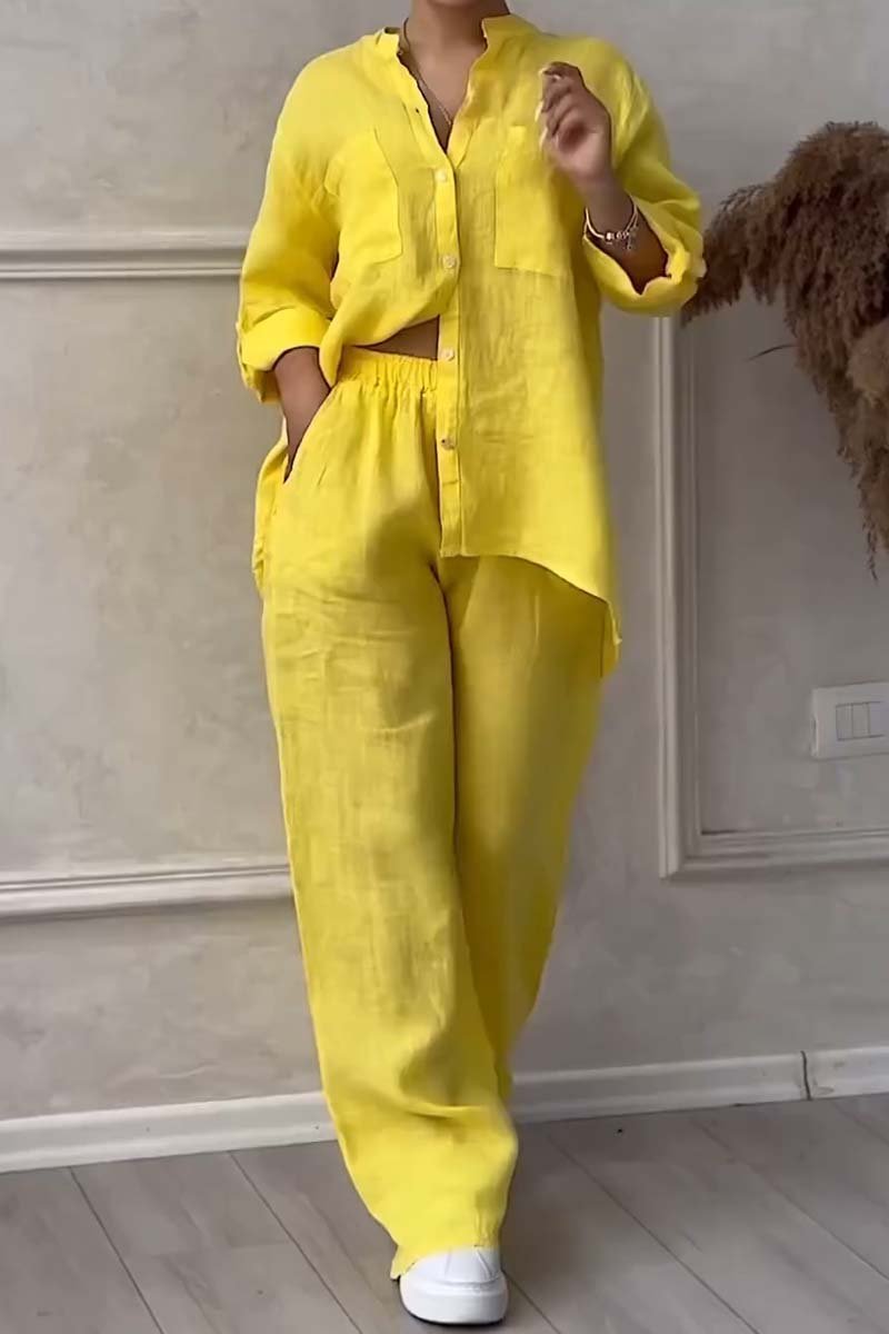 Ensemble femme blouse boutonnée et pantalon large taille haute