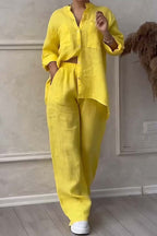 Ensemble femme blouse boutonnée et pantalon large taille haute, jaune