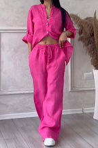 Ensemble femme blouse boutonnée et pantalon large taille haute, rose