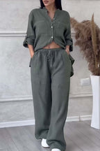 Ensemble femme blouse boutonnée et pantalon large taille haute, gris