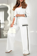 Ensemble tailleur femme blazer ajusté et pantalon large taille haute, blanc