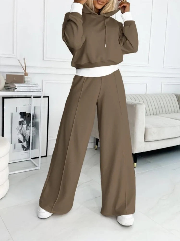 Ensemble femme ample, haut à manches courtes et pantalon, marron