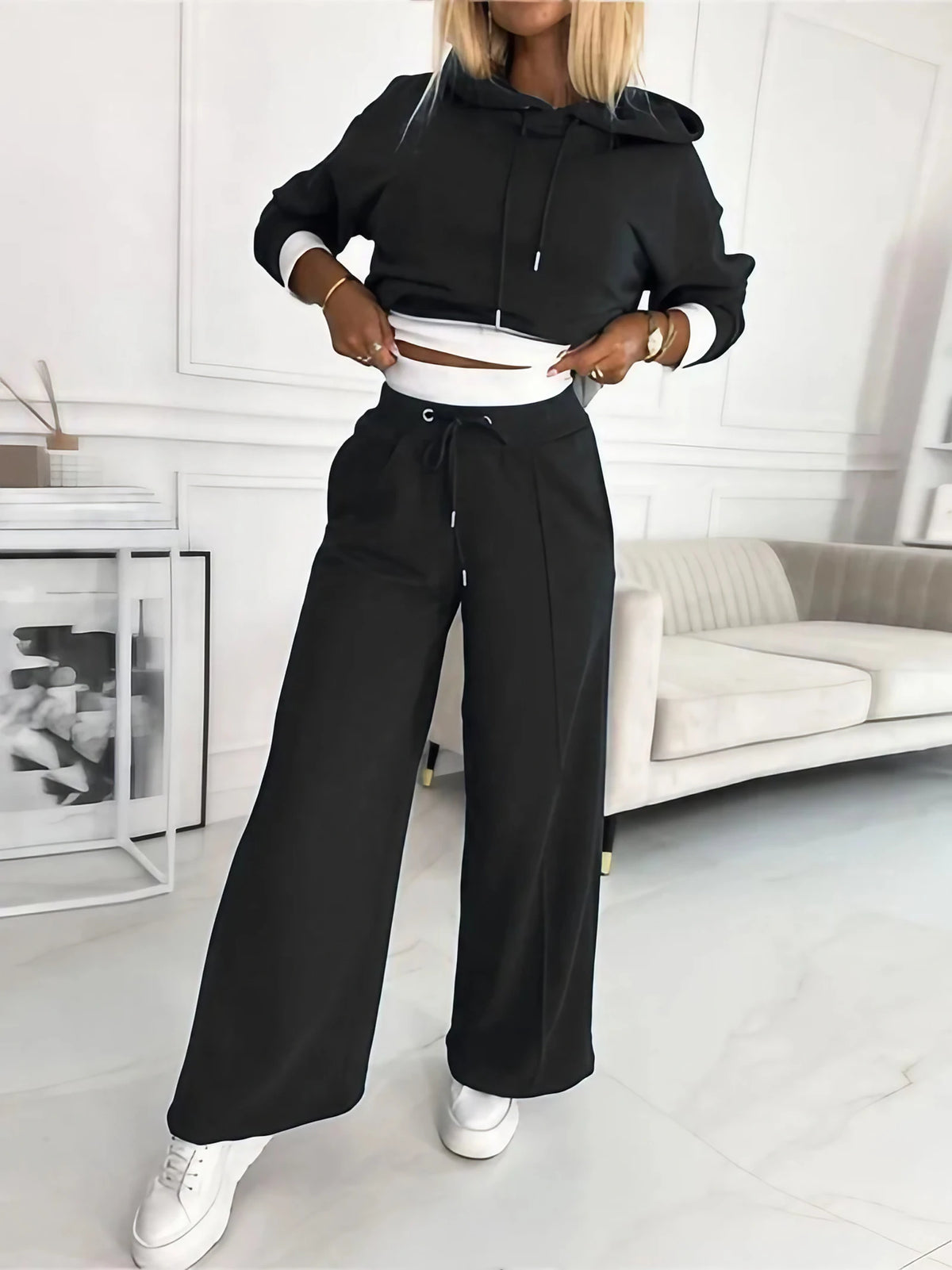 Ensemble femme ample, haut à manches courtes et pantalon, noir