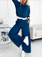 Ensemble femme ample, haut à manches courtes et pantalon, bleu
